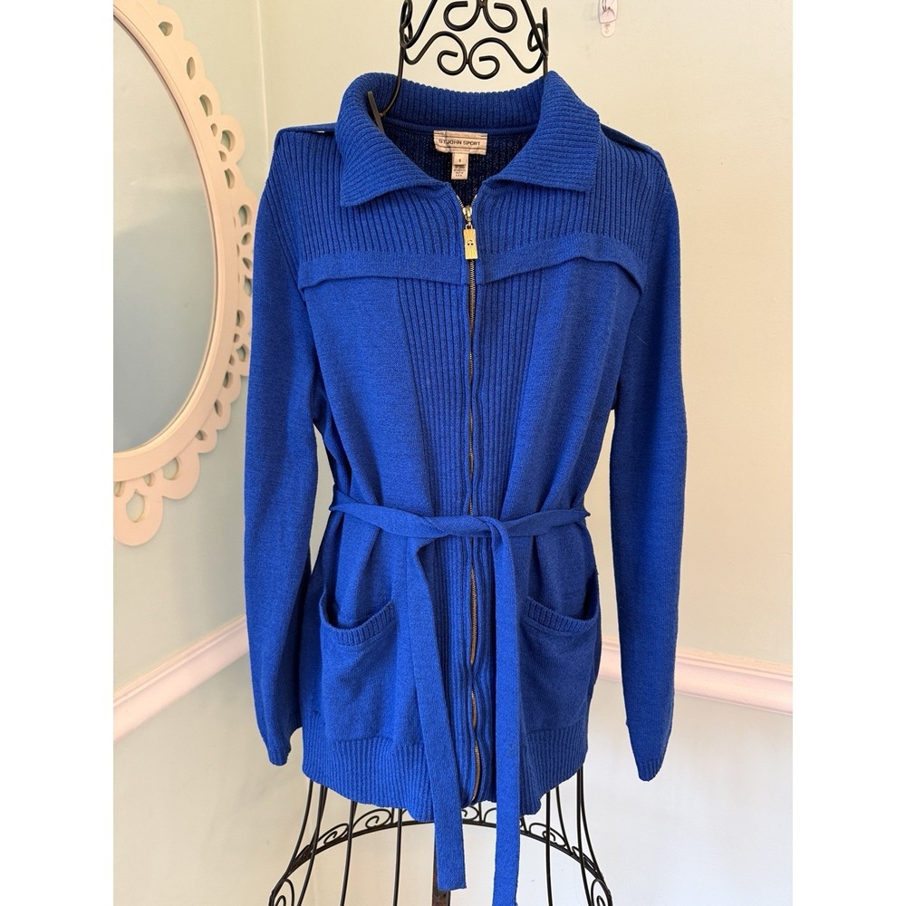 St. John Sport Marie Gray‎ Full Zip Knit Cobalt Blue Cardigan Sweater Sz Small